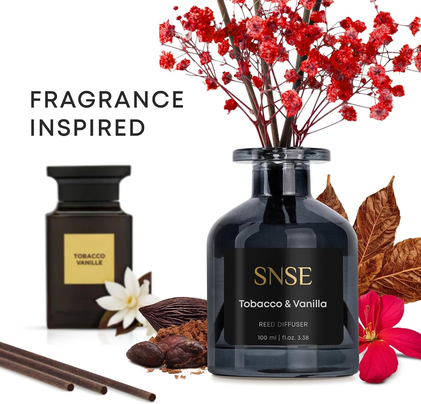 SNSE Tobaco & Vanilla with Flowers Perfumed Reed Diffuser Set | 3.38 oz Scent Fragrance Oil Diffuser for Bedroom, Bathroom, Home Décor and Gift, Decorative Air Fresheners with Sticks