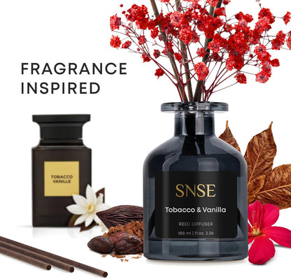 SNSE Tobaco & Vanilla with Flowers Perfumed Reed Diffuser Set | 3.38 oz Scent Fragrance Oil Diffuser for Bedroom, Bathroom, Home Décor and Gift, Decorative Air Fresheners with Sticks