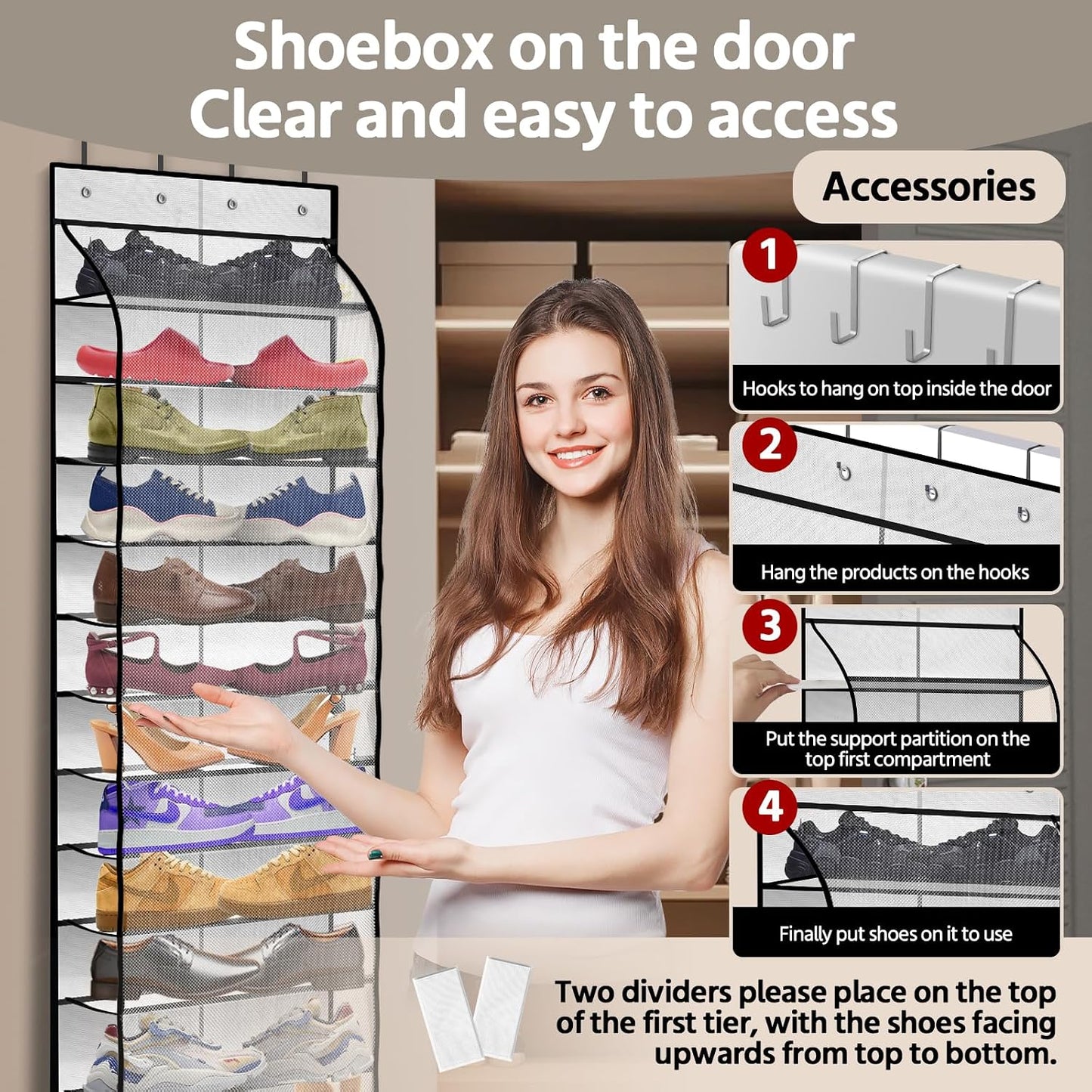 PAULONE 12 Pocket Over the Door Shoe Organizer,Reusable Breathable Large Mesh Bag Men's & Women's Sneaker Organizer,Shoe Organizer for Kids,Hanging Shoe Storage Hanging Bag (White)