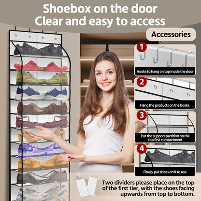 PAULONE 12 Pocket Over the Door Shoe Organizer,Reusable Breathable Large Mesh Bag Men's & Women's Sneaker Organizer,Shoe Organizer for Kids,Hanging Shoe Storage Hanging Bag (White)
