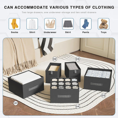 6-Shelf Hanging Closet Organizer with 5 Drawers, Non-Woven Storage, Black | Spacious compartments sort clothes & undergarments; foldable drawers add hidden storage for closets, wardrobes or RVs.