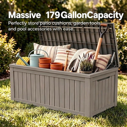 MAKINO 152 Gallon Resin Outdoor Storage Box, Waterproof Deck Box with Lockable Lid, Outside Storage Box for Patio Furniture, Pool Accessories, Garden Tools, Storage Bench for Backyard, Porch, Black