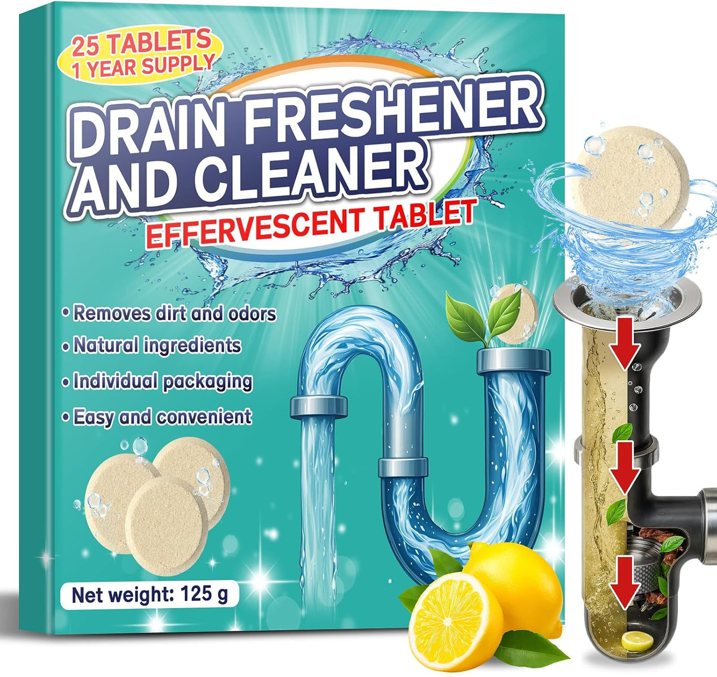 Garbage Disposal Cleaner and Deodorizer 25 Pack, Fresh Citrus Foam Sink Cleaner Tablets Fights Grease & Buildup, Remove Odor, Disposer Freshener for Home Drain Cleaning Care