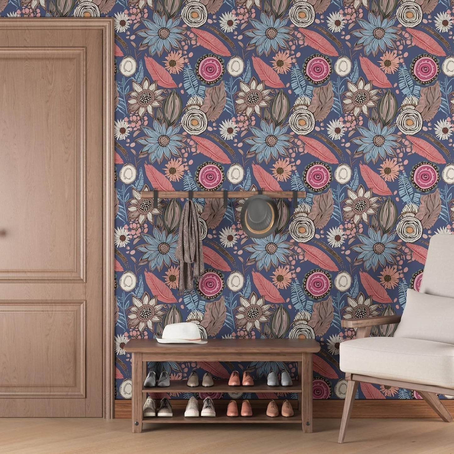 Blue Wallpaper Peel and Stick,Vintage Boho Floral Contact Paper 17.5" x 118", Retro Botanical Flower Wall Paper Self Adhesive Removable Waterproof for Walls Shelves Cabinet Table (Blue,Yellow, Green)