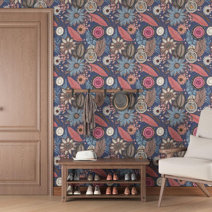 Blue Wallpaper Peel and Stick,Vintage Boho Floral Contact Paper 17.5" x 118", Retro Botanical Flower Wall Paper Self Adhesive Removable Waterproof for Walls Shelves Cabinet Table (Blue,Yellow, Green)