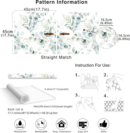 HAOKHOME Peel and Stick Wallpaper Boho Green/White Botanical Leaf Floral Wall Mural Home Nursery Decor Renter Friendly Wallpaper 17.3in x 9.8ft