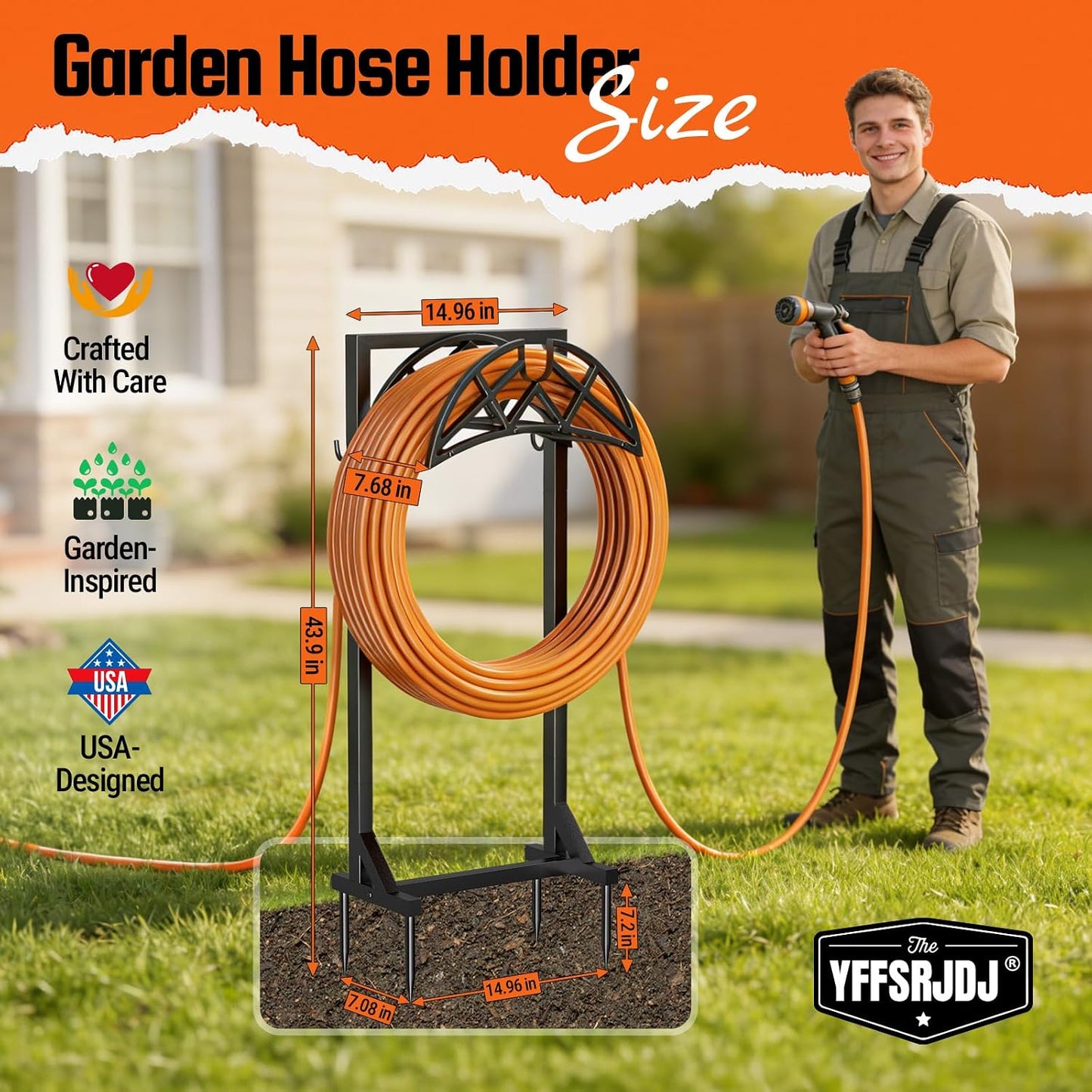 Garden Hose Holder, Heavy-Duty Water Hose Reel with Stable Base & 2 Tool Hooks, Freestanding Storage Rack for Outside, Holds 150ft – Metal Stand for Yard & Lawn