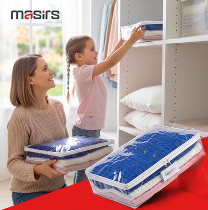 Masirs Clear Blanket Storage Bag (2-Pack) - Vinyl Clothing Organizers with Zipper & Label Pocket - Protects from Dust, Moisture & Dirt - Ideal for Underbed Storage Sheets, Comforters & Bedding