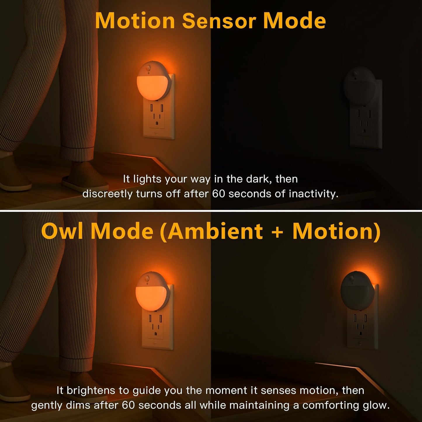YUNLEX 2 Pack Plug in Night Light with Motion Sensor and Dusk to Dawn Sensor, Stepless Dimming, Warm White LED Nightlight with 3 Lighting Ways for Bathroom, Bedroom, Kitchen, for Kids, Adults