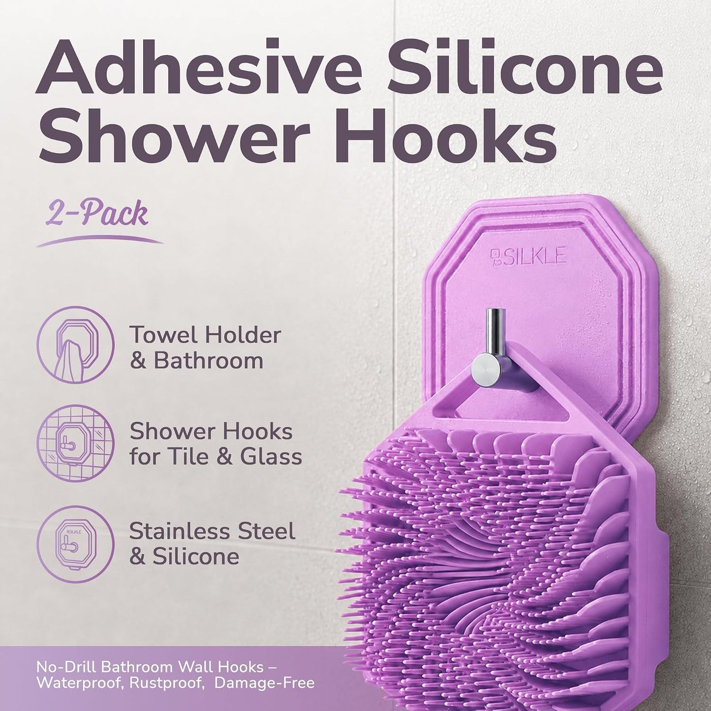 SILKLE Adhesive Silicone Shower Hooks - Adhesive Wall Hooks & Towel Holder for Bathroom, Tile, Glass, No-Drill, Waterproof & Rustproof, Heavy-Duty Stainless Steel, Damage-Free Removal - 2 Pack, Brown