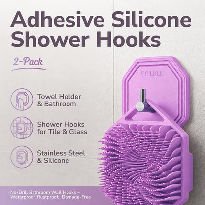 SILKLE Adhesive Silicone Shower Hooks - Adhesive Wall Hooks & Towel Holder for Bathroom, Tile, Glass, No-Drill, Waterproof & Rustproof, Heavy-Duty Stainless Steel, Damage-Free Removal - 2 Pack, Brown