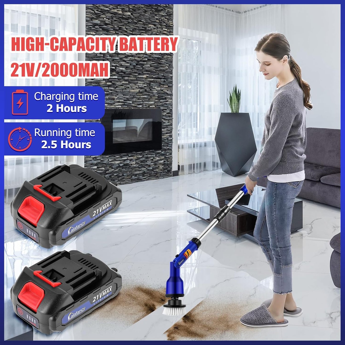 2 Batteries Electric Cleaning Brush for Bathroom, 1200RPM Power Cordless Spin Scrubber with 6 Replaceable Brush Heads and Telescopic Handle, 2 Speeds for Shower Bathtub Kitchen Window Car