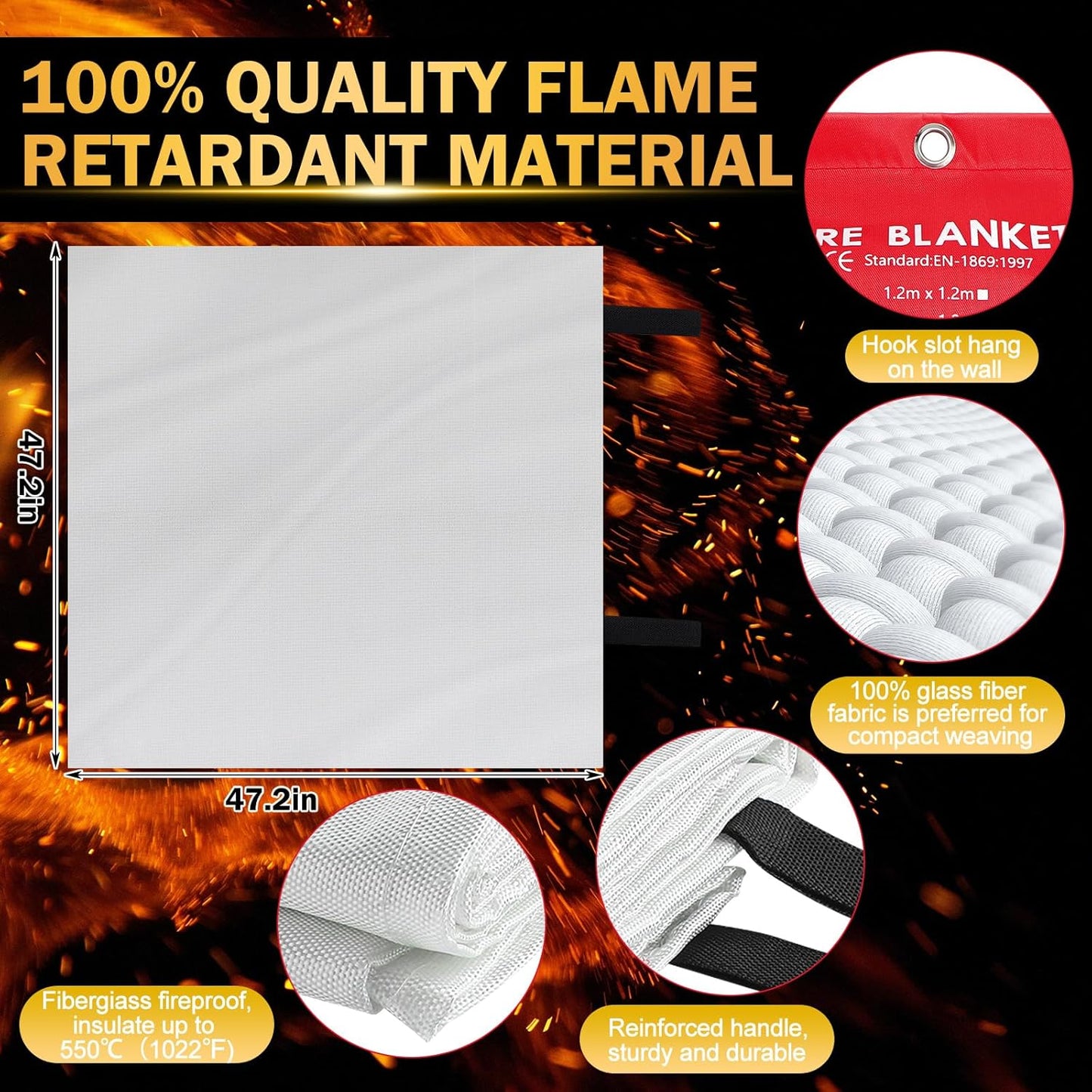 Copkim 4 Pack Fire Blankets for Home and Kitchen 47''x47'' Emergency Fire Blanket for Fiberglass Fire Suppression Blanket with Hook Gloves Whistles Fire Safety Blanket for Car Camping Grill Office BBQ