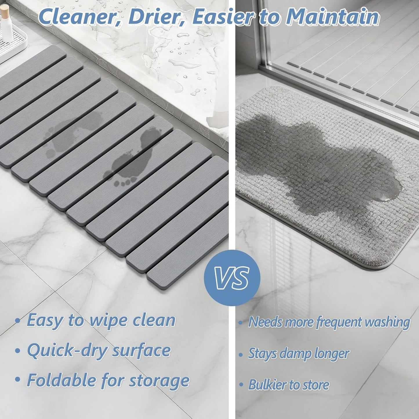 AWW Foldable Stone Bath Mat, Quick Dry Diatomaceous Earth Bath Mat with Non-Slip Mat, Super Absorbent, Easy to Clean, Compact for Small Bathrooms, 23.6 x 15.5, Grey