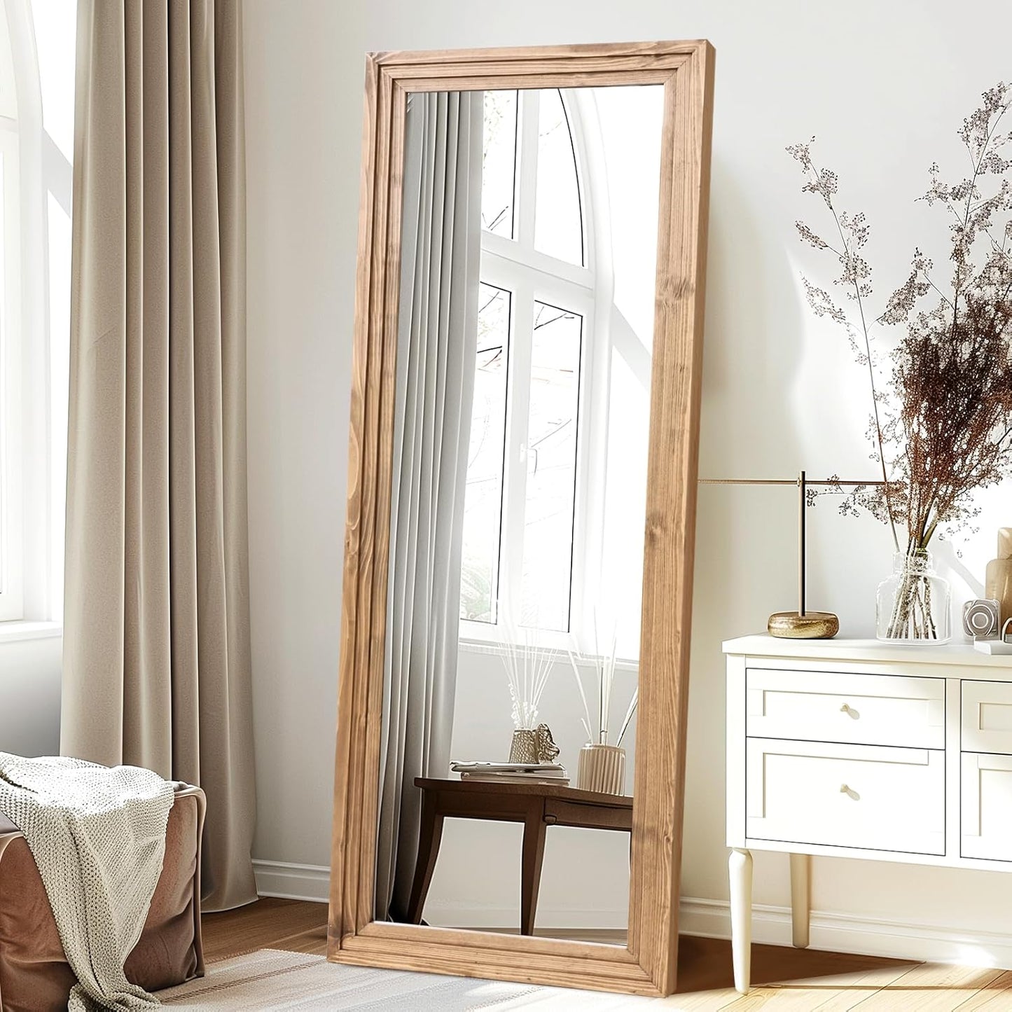 65"x22" Full Length Mirror Solid Wood Frame Floor Mirror with Stand for Living Room, Bedroom Hanging Standing or Leaning, Brown
