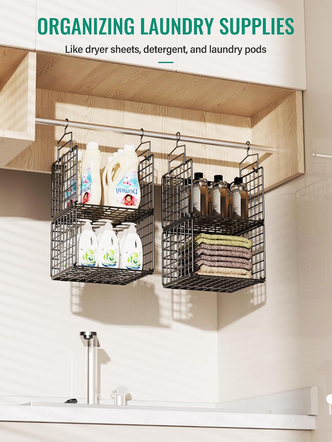 Hanging Closet Organizer, 4 Tier Metal Closet Organizers and Storage with 4 Hanging Hooks 4 S-Hooks for Wardrobe Laundry Room, Wire Storage Shelf for Clothes Sweaters Pants (White)