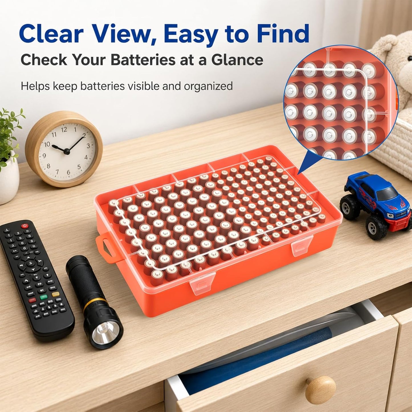 Xuerdon Battery Organizer Case with BT168 Tester 120+ Batteries Storage Box | Clear Plastic Battery Box Holds 49AA 51AAA 10CR2032 10CR1632 Batteries, Wall Mount Drawer Organizer Batteries not Included