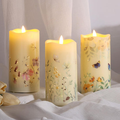 Eywamage Fiber Optic Flameless Pillar Candles with Remote, Floral Butterfly Spring LED Candles Flickering Home Decor Gift Set of 3