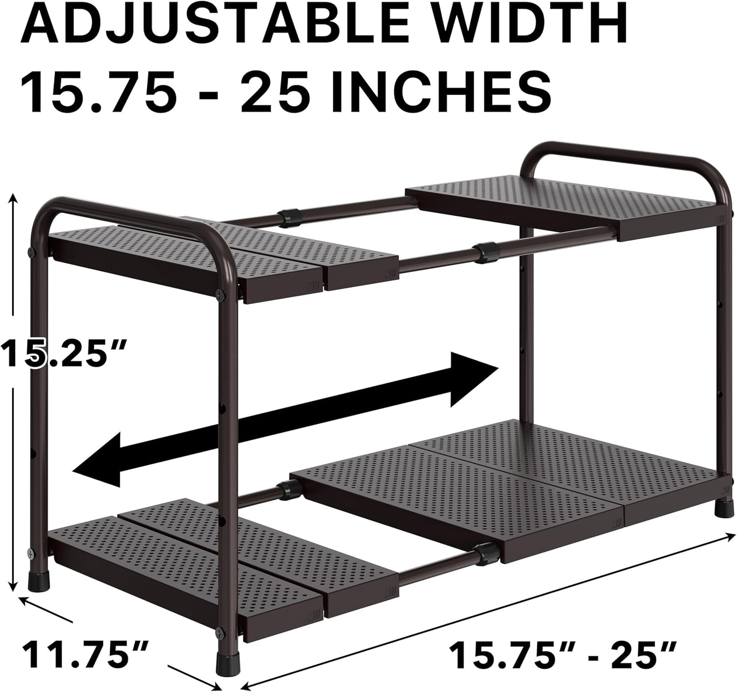Simple Houseware Under Sink 2-Tier Heavy Duty Expandable Rack Organizer, Adjustable Width 15.75–25 Inches with 4 Shelf Height Levels, Silver