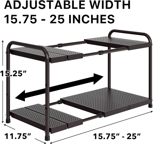 Simple Houseware Under Sink 2-Tier Heavy Duty Expandable Rack Organizer, Adjustable Width 15.75–25 Inches with 4 Shelf Height Levels, Silver