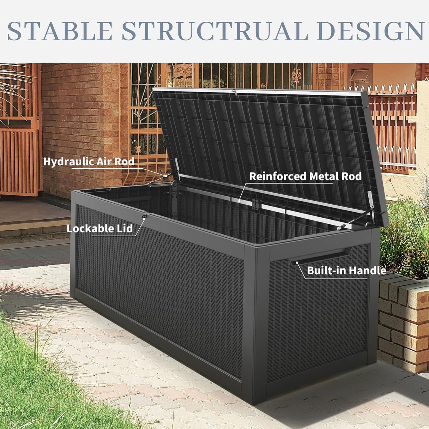 NUNU LAB Outdoor Storage Box, 45 Gallon Outside Deck Box Waterproof, Resin Outdoor Storage Cabinet With Lockable Lid, Backyard Storage Bench For Garden Tools, Patio Cushions, Pool Tools, Black