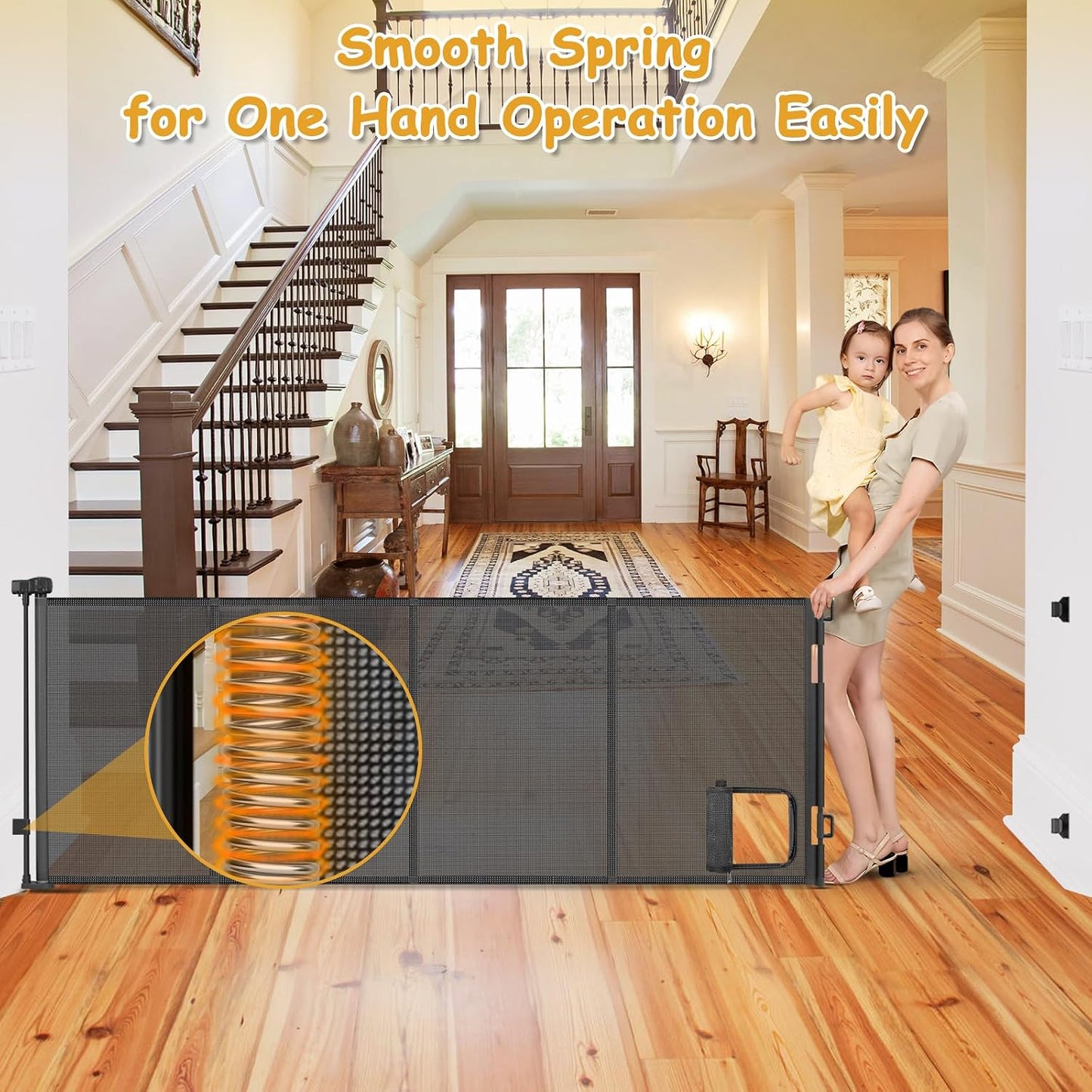 Reinforced 150” Extra Wide Pet Gate with Door 37 Inch Tall Retractable Dog Gates for Doorways Extra Wide Baby Gates for Large Openings with Reinforced Strips 12.5ft Large Dog Gate with Cat Door, White