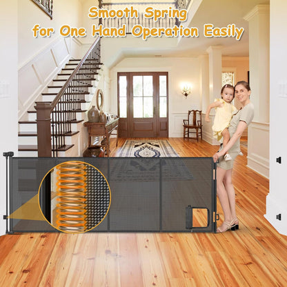 Reinforced 150” Extra Wide Pet Gate with Door 37 Inch Tall Retractable Dog Gates for Doorways Extra Wide Baby Gates for Large Openings with Reinforced Strips 12.5ft Large Dog Gate with Cat Door, White