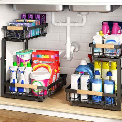 PXRACK Under Sink Organizer, Adjustable Height, 2 Tier Pull Out Under Cabinet Organizer, Slide Out Thickened Metal Under Sink Storage for Kitchen Bathroom Laundry Pantry Cabinet, White, Large-1-Pack