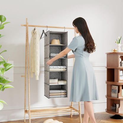 Hanging Closet Organizer 3-Shelf, Oxford Fabric Wardrobe Storage, Gray | Easy-mount foldable design holds clothes, handbags, shoes & accessories; washable Oxford fabric, sturdy and space-saving.