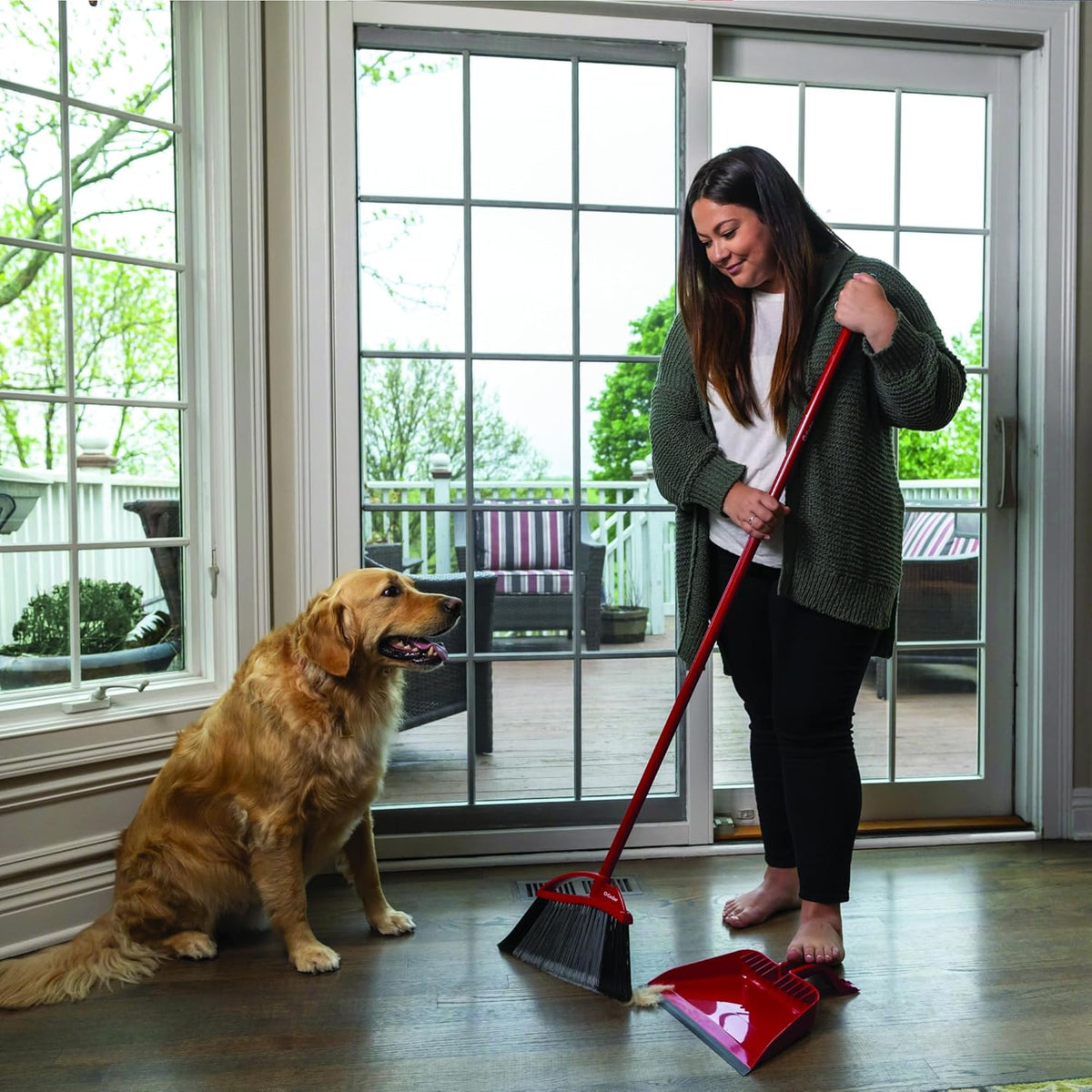 O-Cedar Strong Sweep Broom and Dustpan Set with Detail Brush | Indoor Outdoor Heavy Duty Stiff Bristle Broom | Step-On Dust Pan