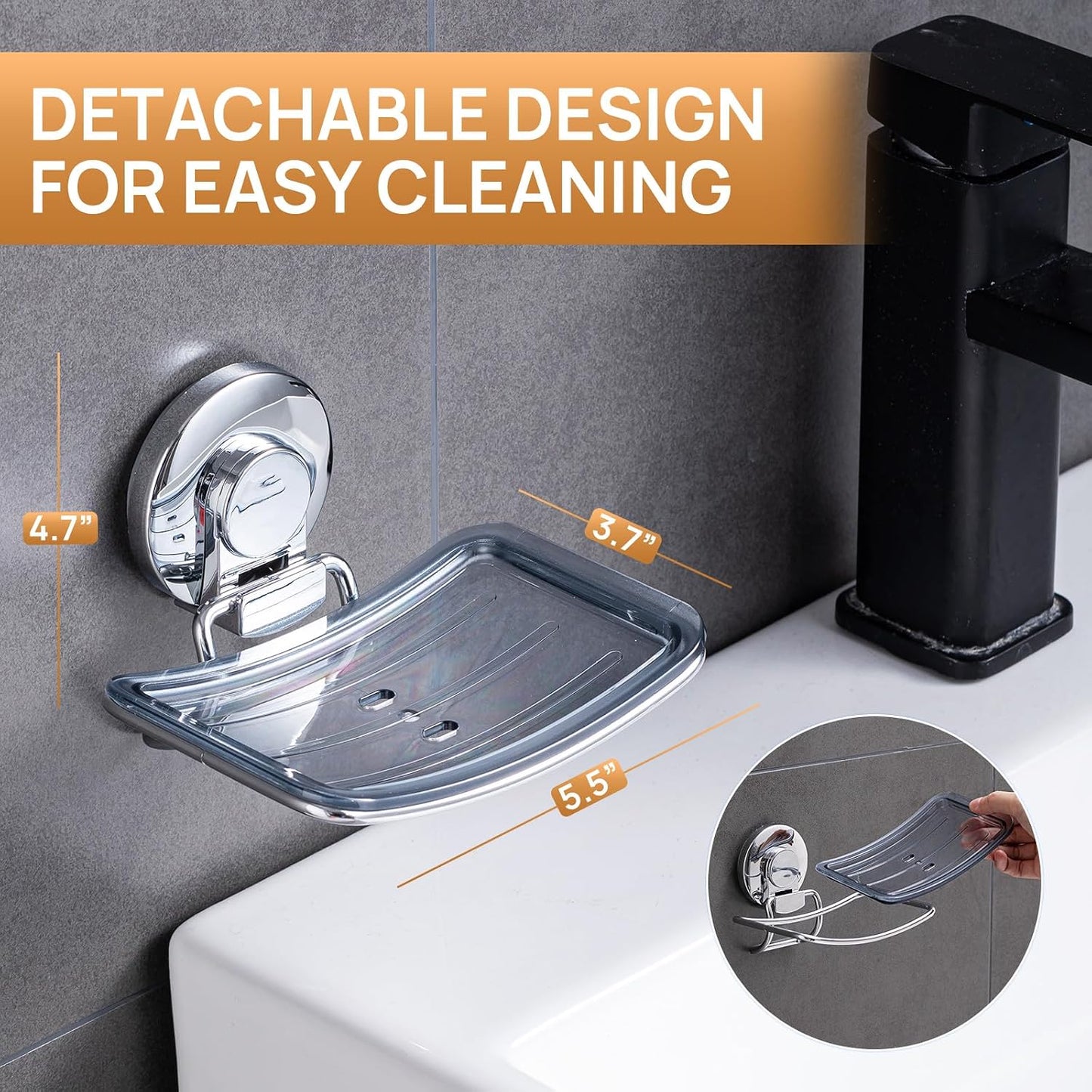 LEVERLOC Soap Dish Holder for Shower Suction Cup Wall Mounted Self Draining NO-Drilling Removable Bar Soap Sponge Holder for Bathroom Bathtub Kitchen Sink Waterproof Strong Vacuum Suction Adhesion