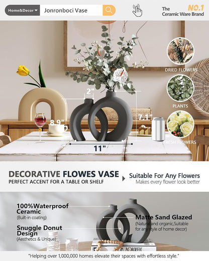7.2″Hx8.9″H Donut Shape Decorative Vase Set of 2, Ceramic, Modern Minimalism Styles, Flowers or Plant Table Vases for Home Decor Living Room Shelf Entry Console Mantle Dining Centerpiece (Matte White)