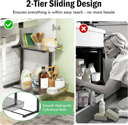 ARSTPEOE 2 Pack Double Sliding Under Sink Organizers and Storage,Two Tier Bathroom Storage and organization,Under Cabinet Organizer, Clear