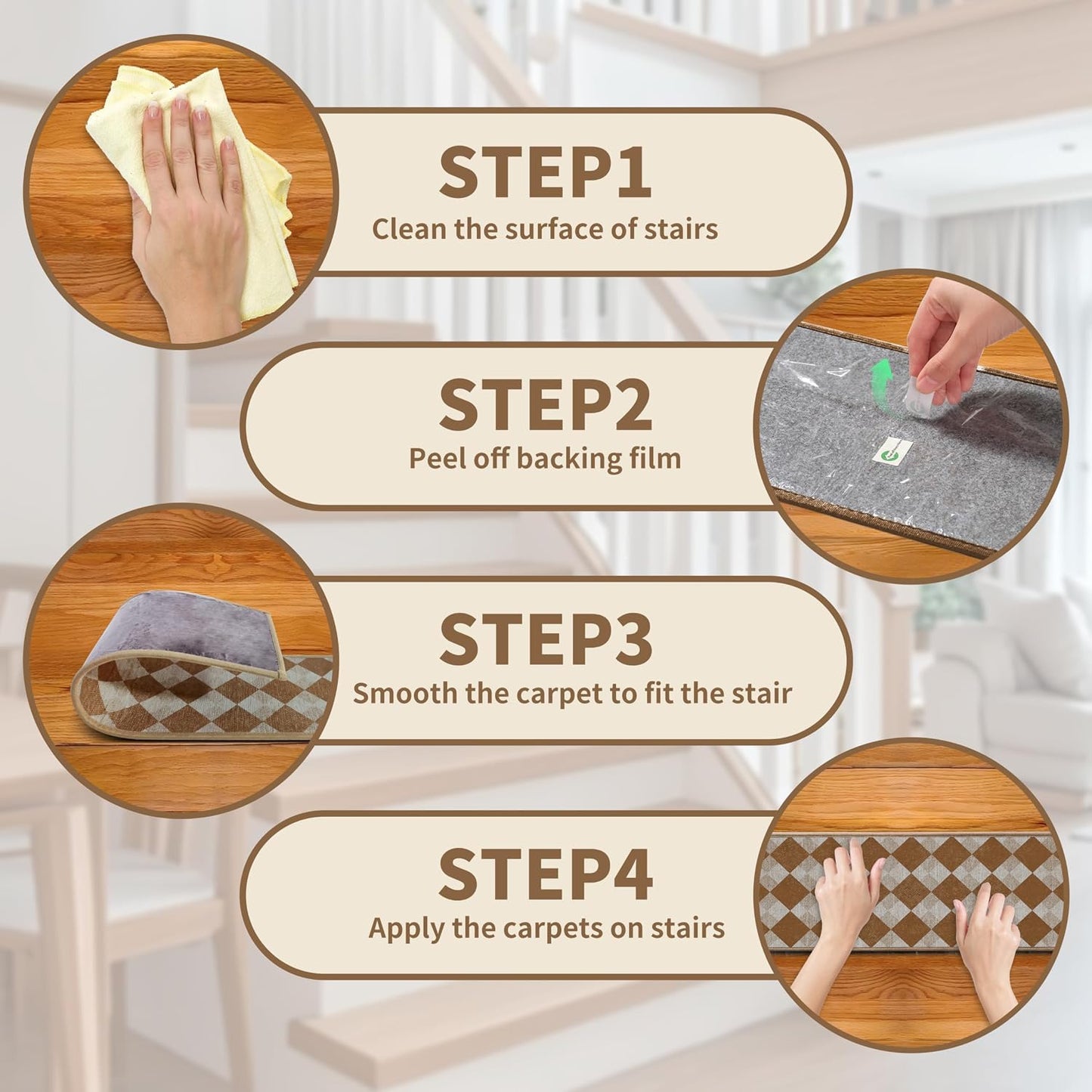 Non-Slip Carpet Stair Treads 15PCS, 8"x30" Peel and Stick Stair Runner for Wooden Steps Indoor, Washable Reusable Adhesive Backing, Pet-Friendly Safety Mats for Kids, Elders, Dogs