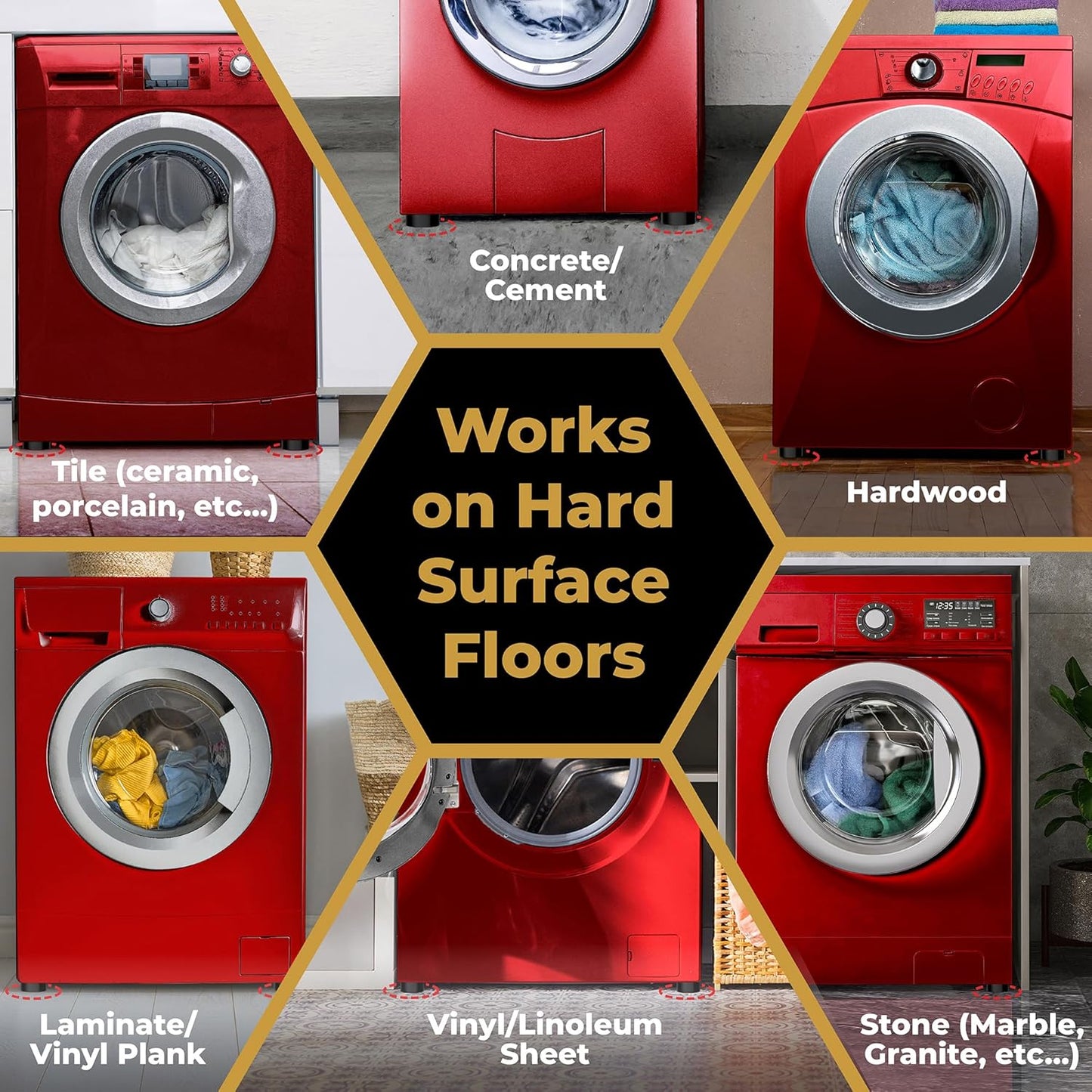 Anti Vibration Pads for Washing Machine with HexaGrip - Stops Washer Dryer Moving, Walking - Prevents Noise, Vibration Transfer - Rubber Antivibration Stabilizer Support Feet Mat - VIBRASHIELD 4 Pack