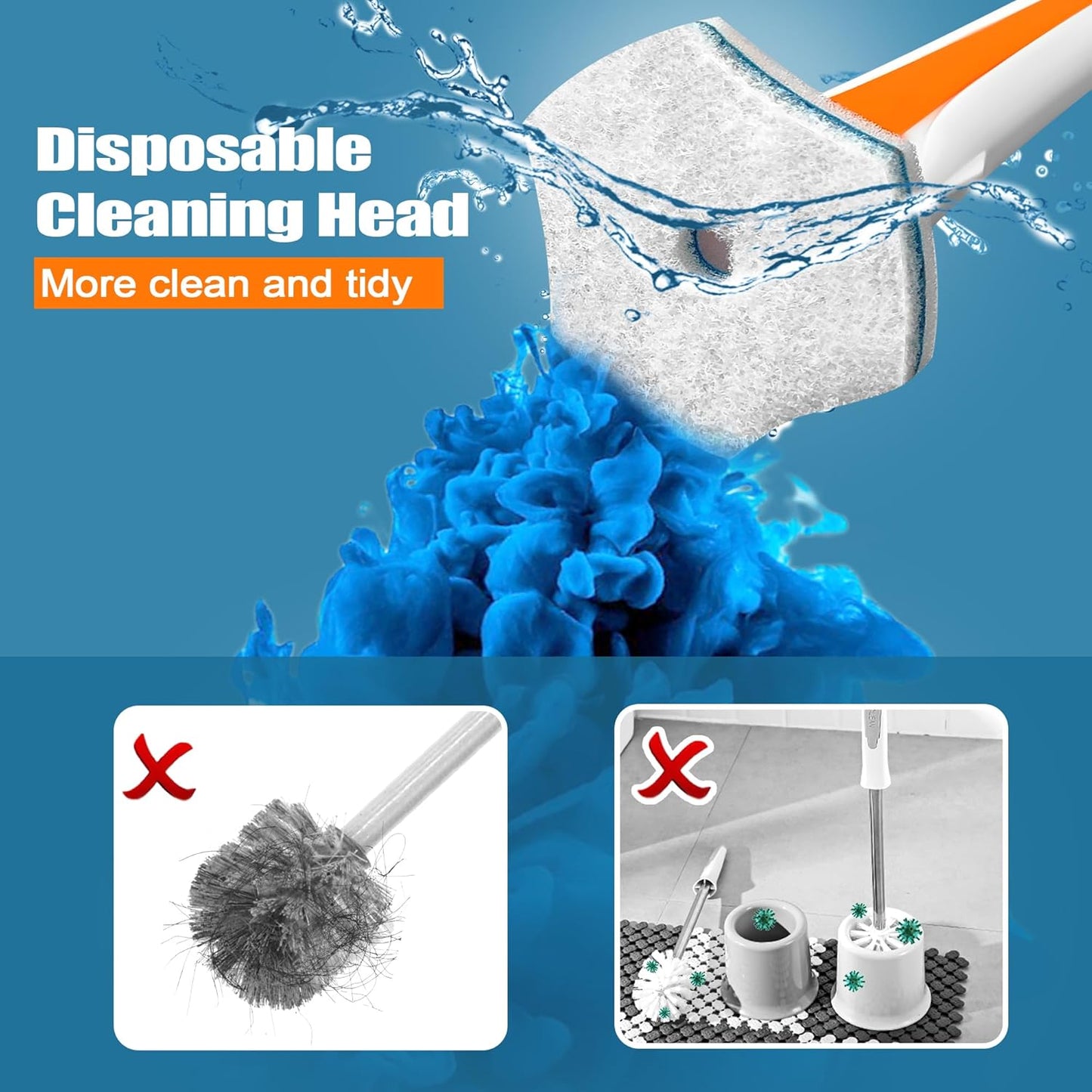 JEHONN Disposable Toilet Brush with 48 Wand Cleaner Refills, Wall Mounted Toilet Bowl Brush Holder Set, Bathroom Cleaning System for Sink Bathtub Wash Basin (Blue)