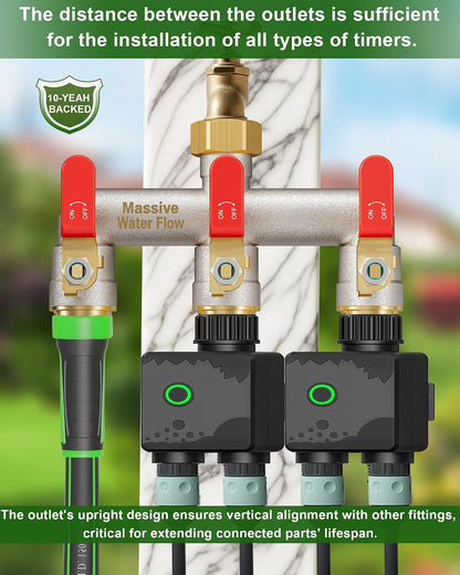 Garden Hose Splitter 3 Way Heavy Duty Brass Nickel Plated Hose Splitter with Large Handle, Full Flow Water Hose Spigot Splitter with Shutoff Valve, T Adapter Connector, 3/4 - Inch GHT Thread（Green）