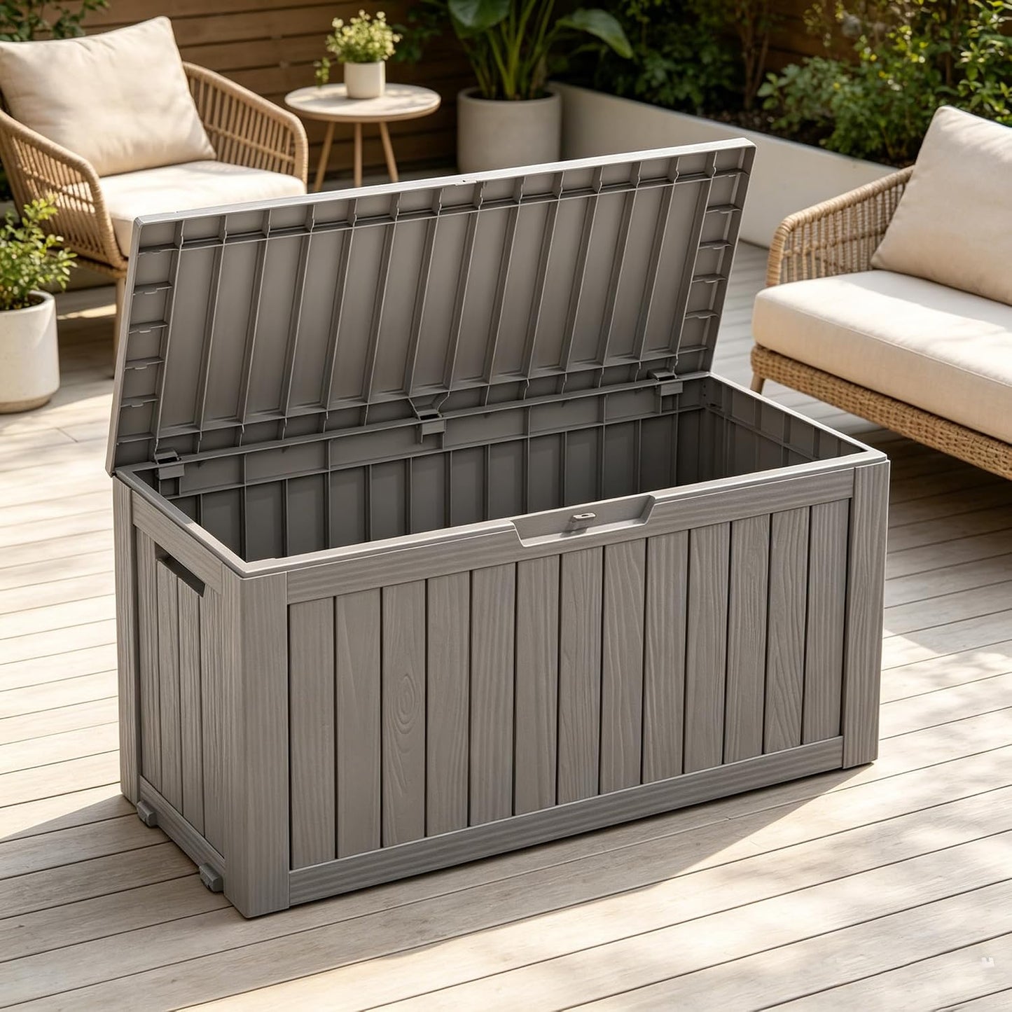Fancyango 75 Gallon Outdoor Deck Box Waterproof, Large Storage Box for Patio, Resin Storage Bench Lockable for Garden Tools, Package Delivery, Black