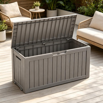 Fancyango 75 Gallon Outdoor Deck Box Waterproof, Large Storage Box for Patio, Resin Storage Bench Lockable for Garden Tools, Package Delivery, Black