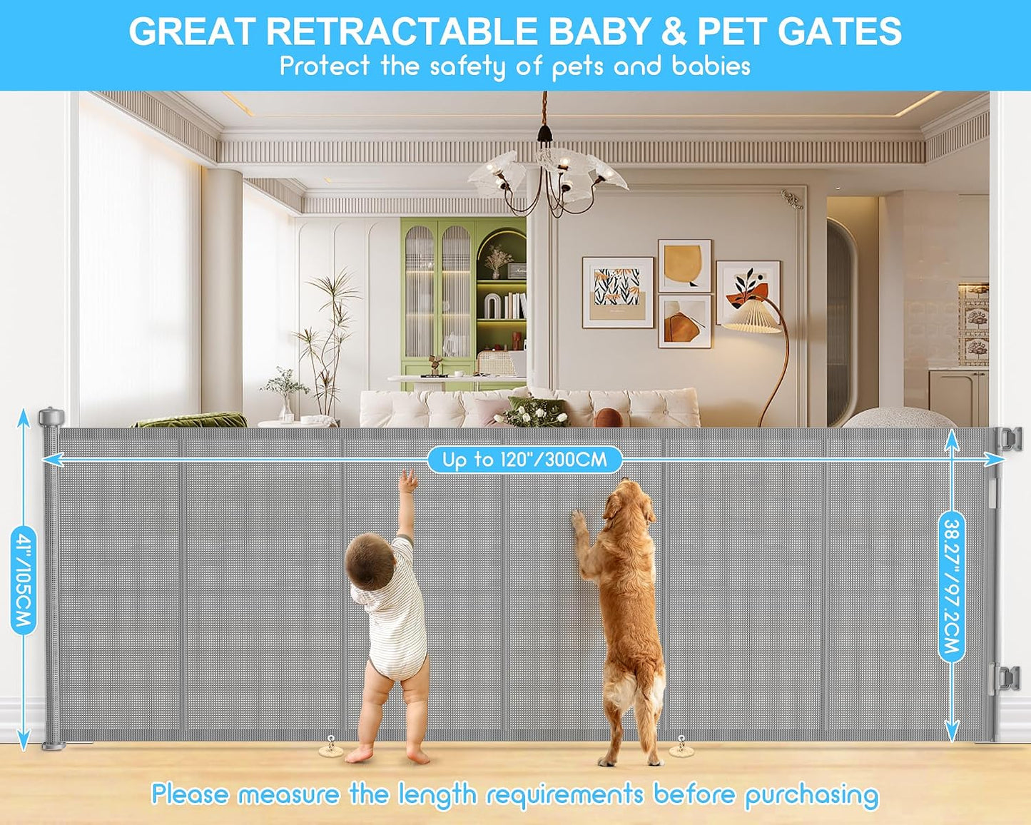 71 inch Retractable Baby Gates, EZIGO Extra Wide Baby Gate for Large Opening Extra Long Mesh Gate for Kids or Pet Dog Gate Child Safety Gate for Stairs Hallways Doorway Indoor Outdoor, Gray