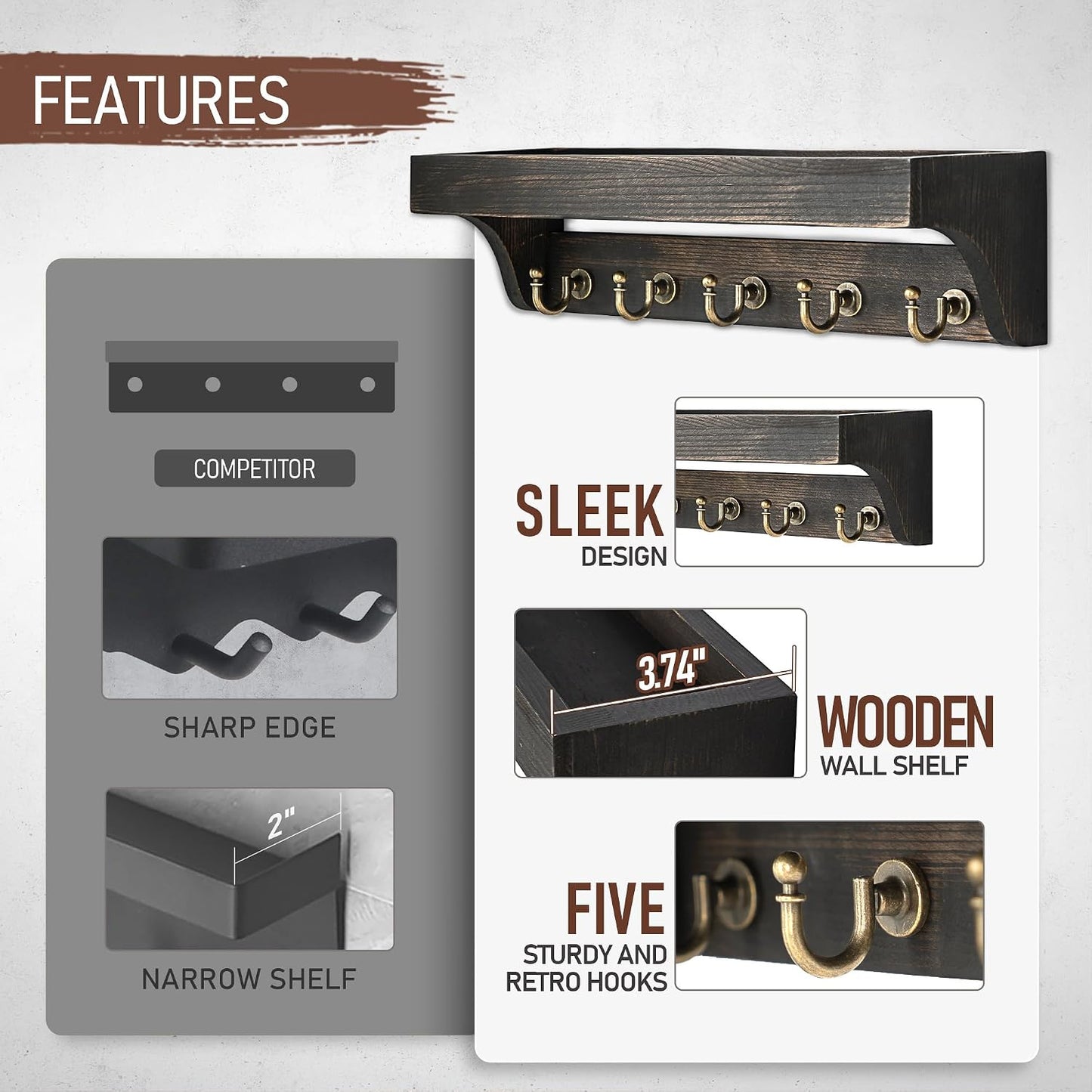 Rebee Vision Farmhouse Key Holder for Wall - Decorative Wooden Mail Organizer with 5 Rustic Key Hooks and Floating Shelf for Home Decor, Hallway, Entryway, Appartment (Retro Brown)