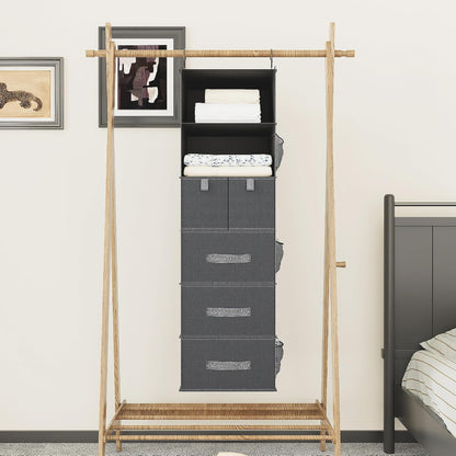 6-Shelf Hanging Closet Organizer with 5 Drawers, Non-Woven Storage, Black | Spacious compartments sort clothes & undergarments; foldable drawers add hidden storage for closets, wardrobes or RVs.