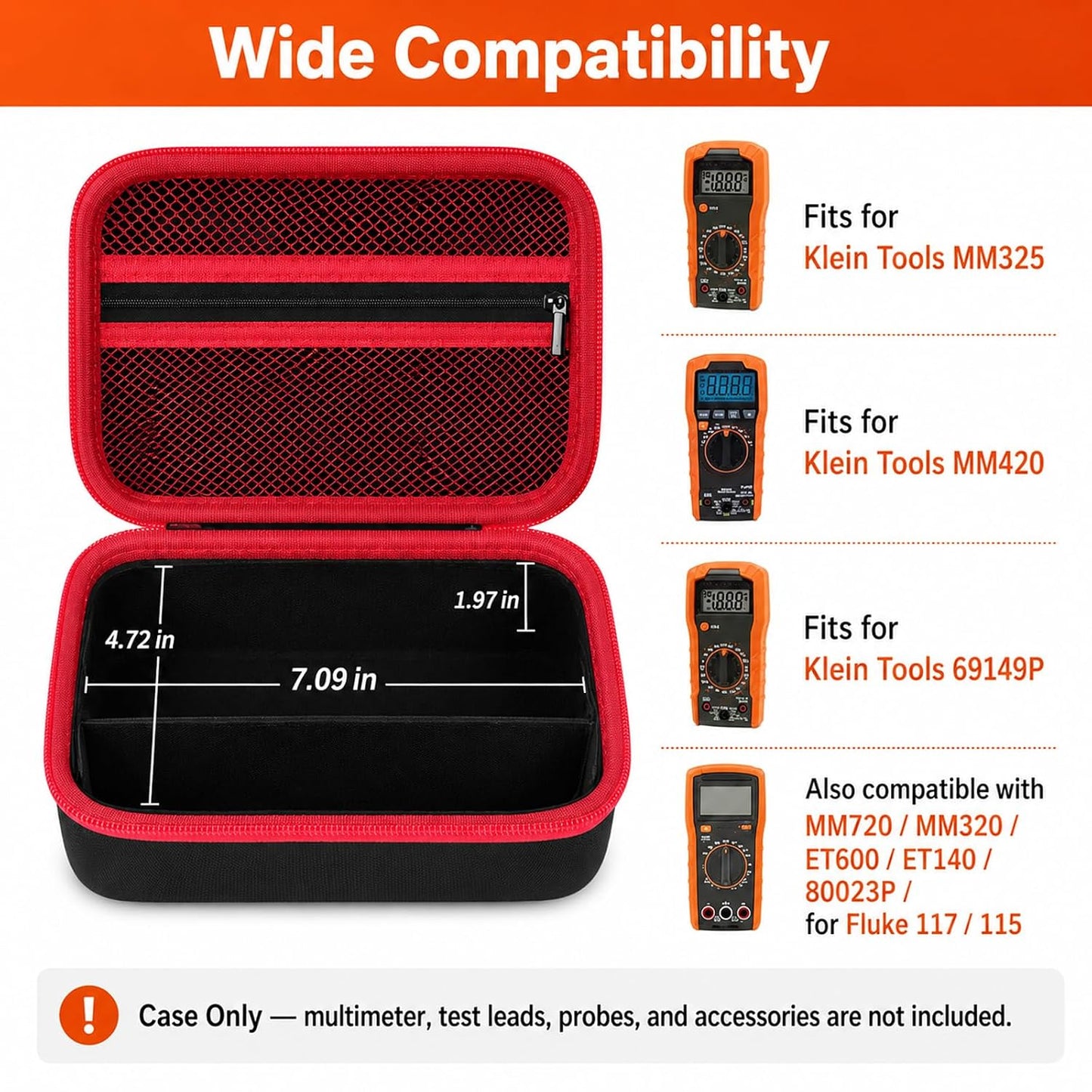 Boobowl Multimeter Case for Klein MM325/MM420/69149P and Fluke 115/117 | Hard EVA Shell, Soft Lining, Removable Divider, Mesh Pocket for Leads and Probes, for Electricians, Black, Case Only