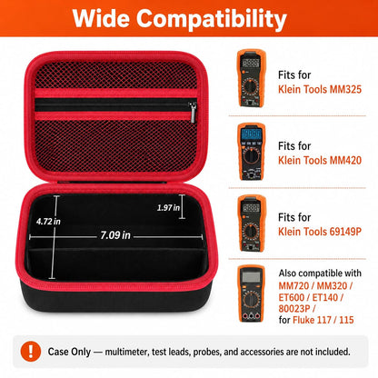 Boobowl Multimeter Case for Klein MM325/MM420/69149P and Fluke 115/117 | Hard EVA Shell, Soft Lining, Removable Divider, Mesh Pocket for Leads and Probes, for Electricians, Black, Case Only