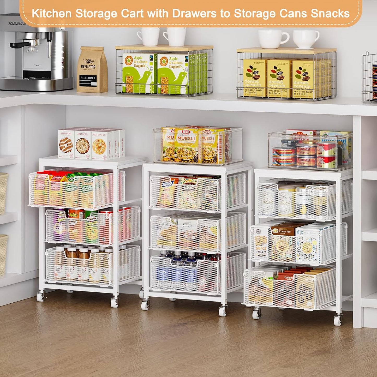 4 Tier Kitchen Rolling Cart, Kitchen Storage Cart with Wheels, Adjust Pantry Organizer and Storage Cart with Drawer, Fruit Vegetable Spice Storage Cart, Wooden Top Metal Kitchen Organizer Rack Stand