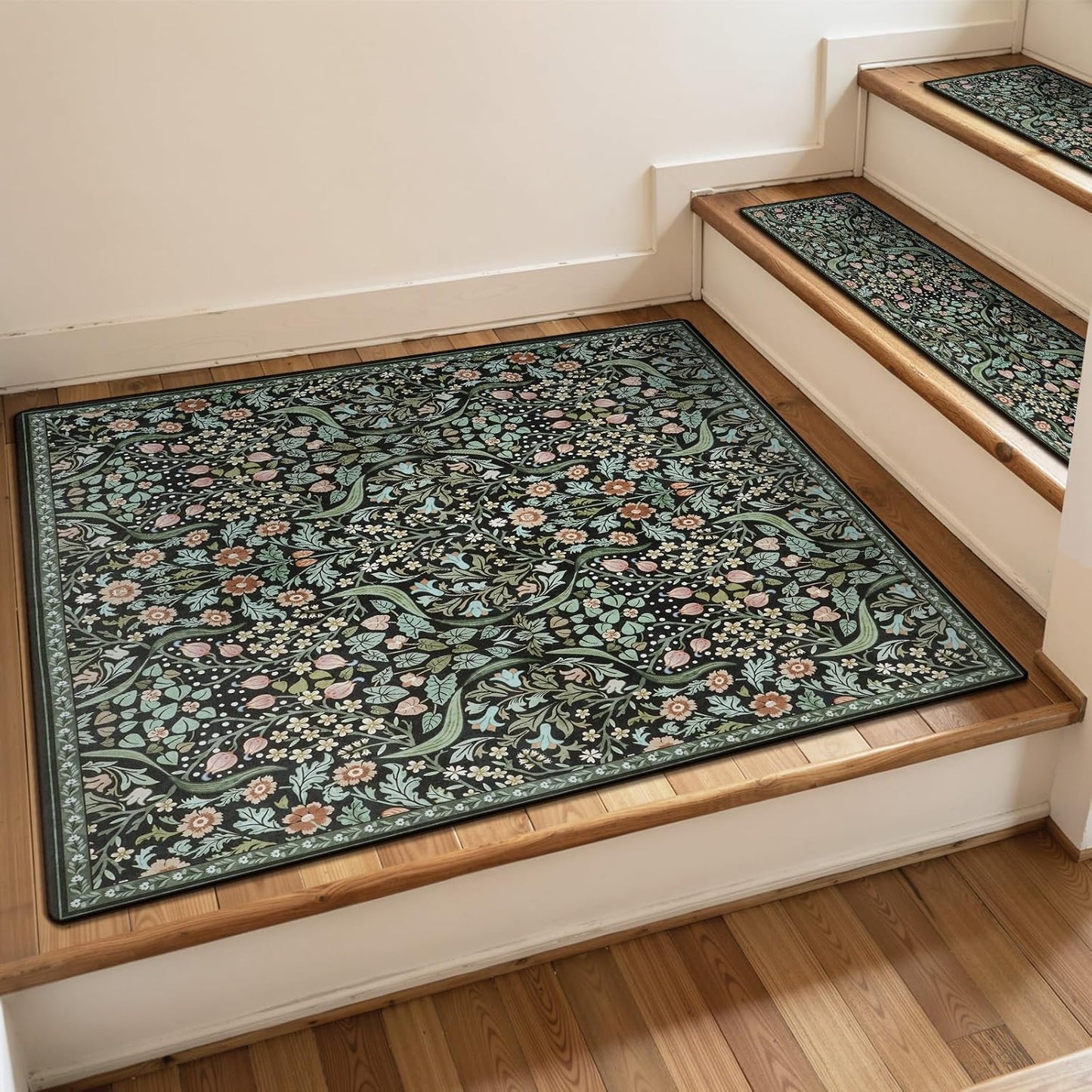 OJIA Floral Stair Treads Non-Slip Stair Runner for Wooden Steps Indoor 15PCS 30"x8" Carpet Stair Treads Stair Mats Staircase Step Treads for Kids, Elders and Dogs, Stair Covers, Black