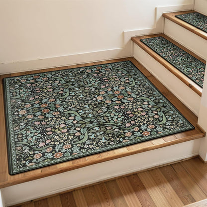 OJIA Floral Stair Treads Non-Slip Stair Runner for Wooden Steps Indoor 15PCS 30"x8" Carpet Stair Treads Stair Mats Staircase Step Treads for Kids, Elders and Dogs, Stair Covers, Black