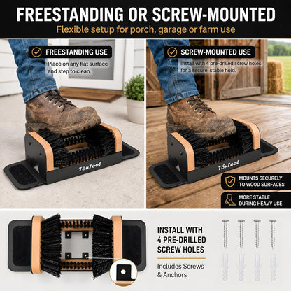 Boot Brush Scraper Outdoor Heavy Duty Boot Cleaner Brush Outdoor with Natural Stiff Bristles Boot Scrapers with Brushes Outdoor Steel Frame Non-Slip Base Foldable Side Wings Wall Mount or Freestanding