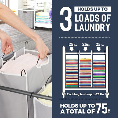STO STO Laundry Sorter 3 Section, 3 Bag Clothes Hamper, Rolling Laundry Cart Basket with Heavy Duty Lockable Wheels and Removable Bag for Laundry Room, Bedroom, Closet, Gray
