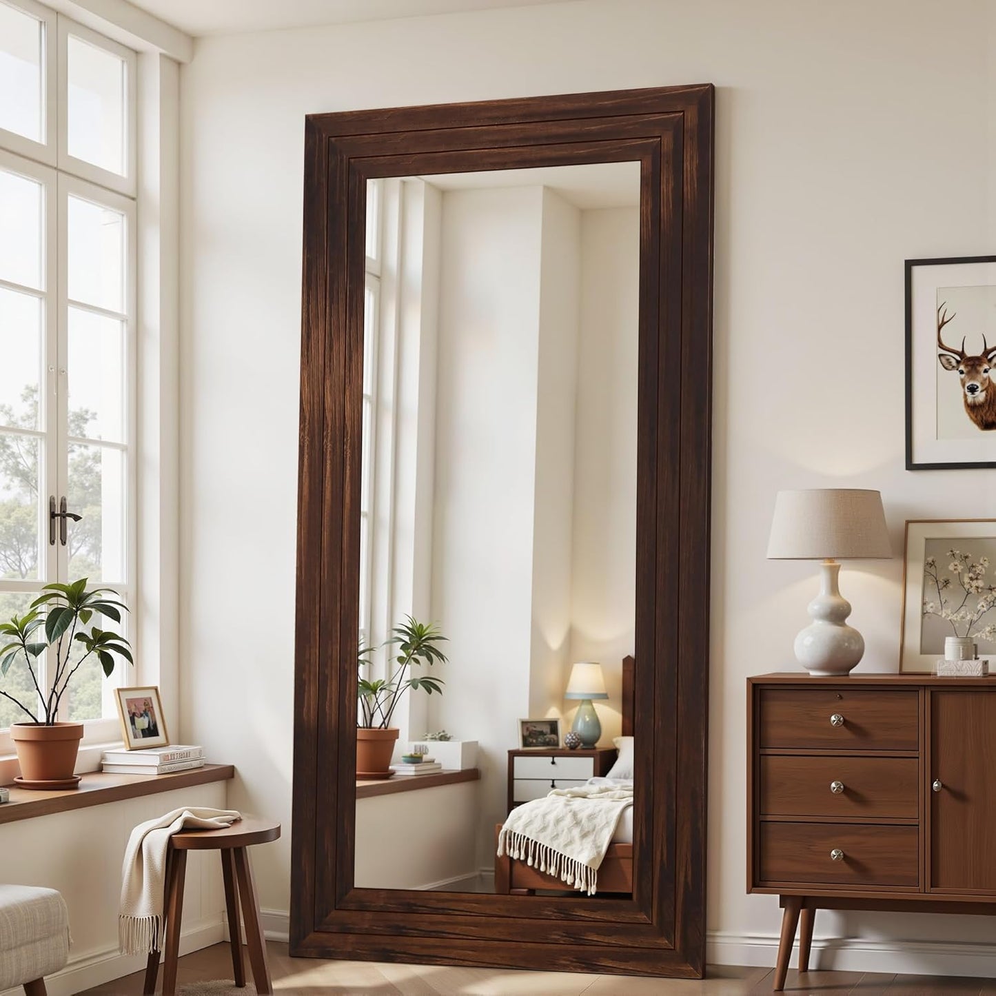 Antok Full Length Mirror with Solid Wood Frame, 71"×32" Wall Mounted Oversized Floor Mirror with Stand, Leaning Standing Hanging for Bedroom Living Room Entryway, Walnut, Arched Syle